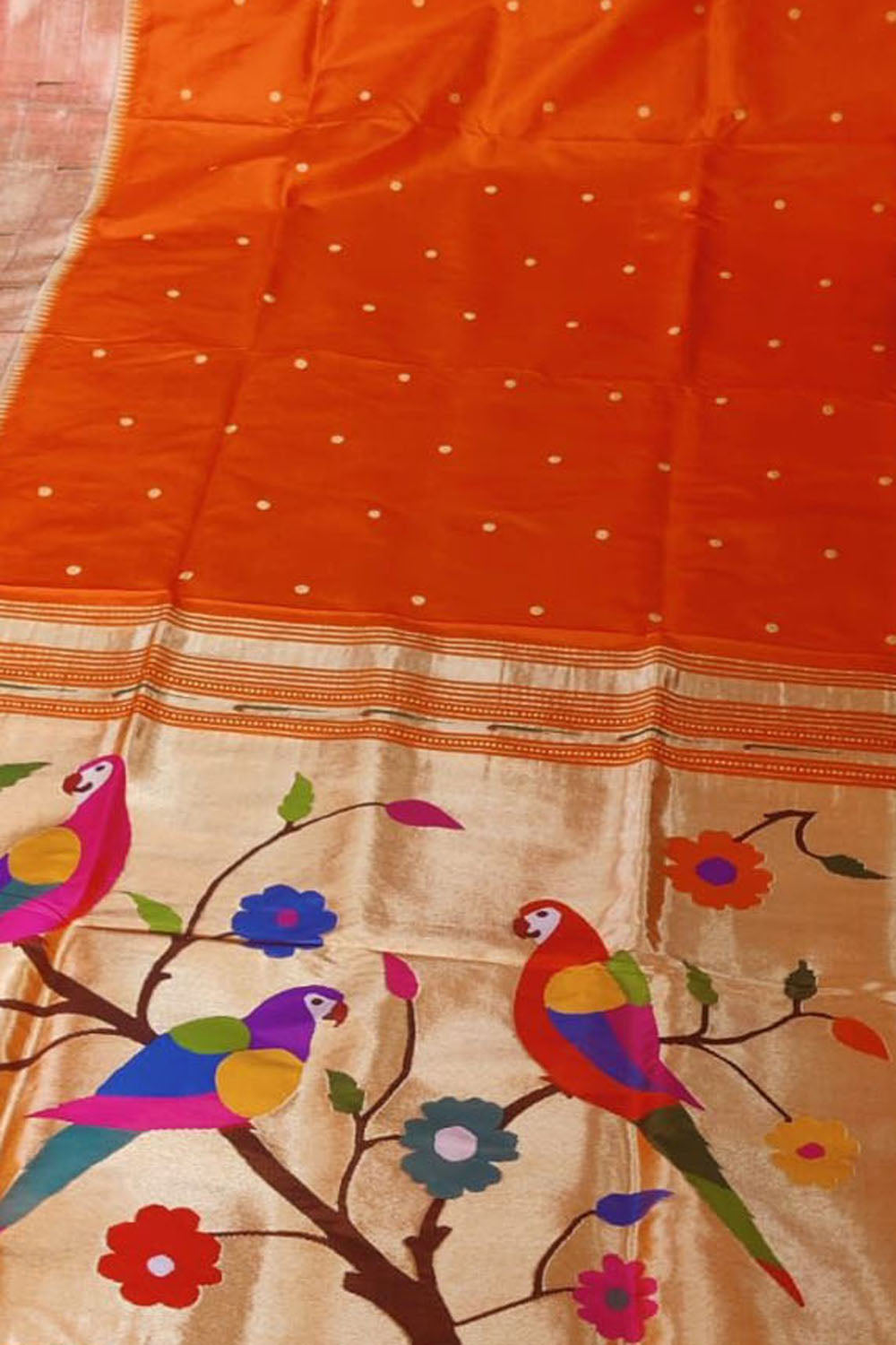 Orange Pure Silk Handloom Paithani Saree - Luxurion World