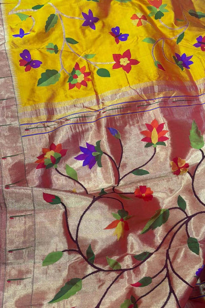 Yellow Pure Silk Handloom Paithani Saree - Luxurion World