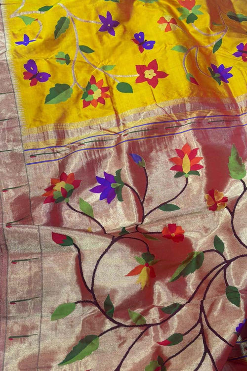 Yellow Pure Silk Handloom Paithani Saree - Luxurion World