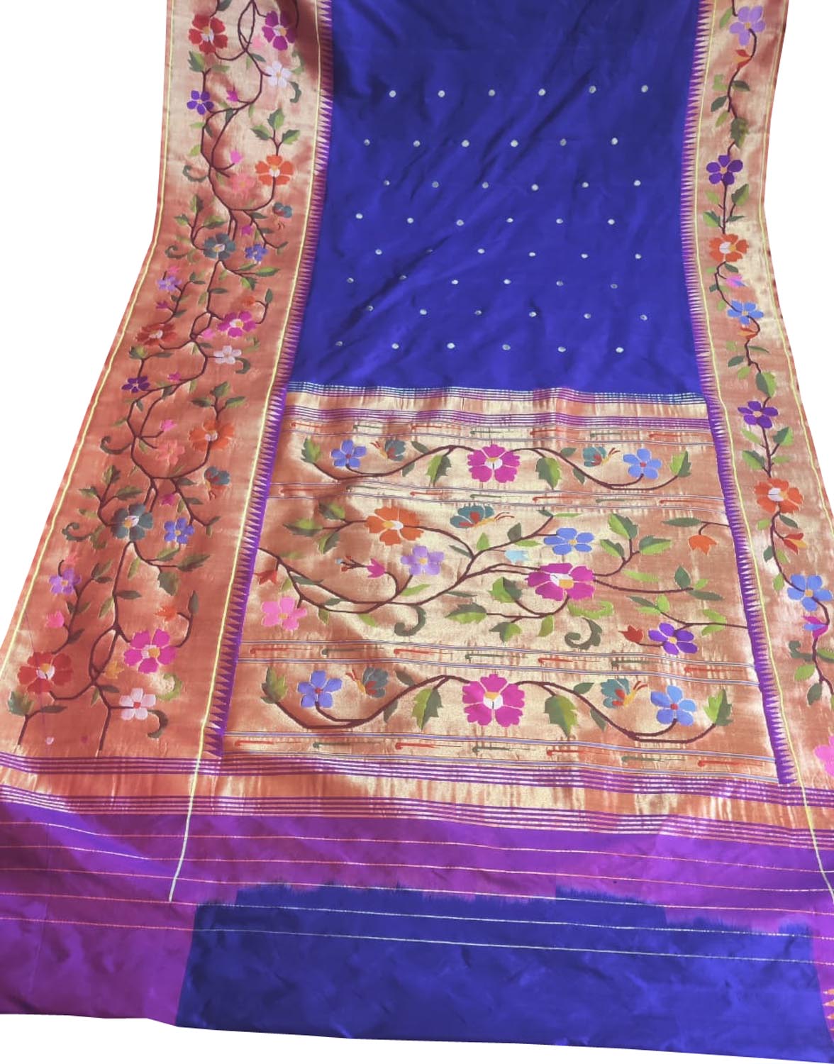 Blue Pure Silk Handloom Heavy Floral Broad Border Paithani Saree - Luxurion World