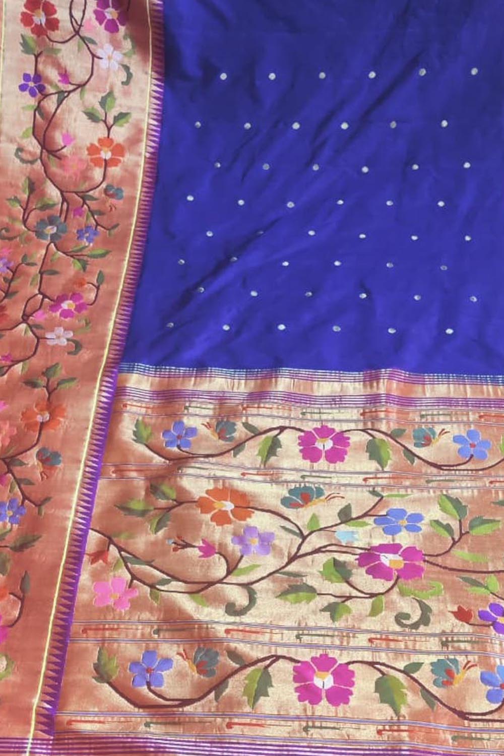 Blue Pure Silk Handloom Heavy Floral Broad Border Paithani Saree - Luxurion World