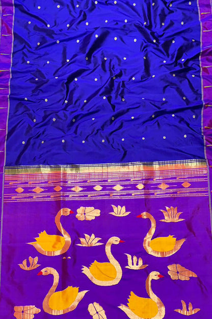 Blue Handloom Paithani Pure Silk Saree with Duck Design - Luxurion World