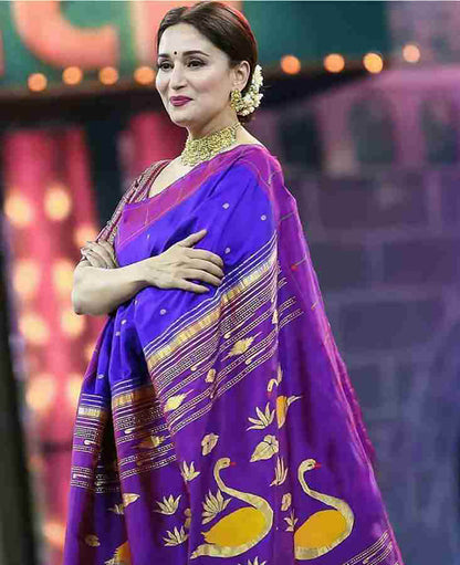Blue Handloom Paithani Pure Silk Saree with Duck Design - Luxurion World