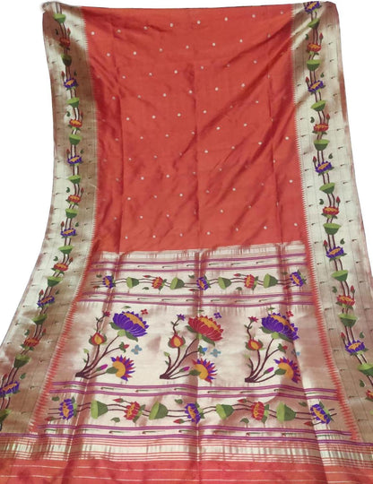 Orange Paithani Handloom Silk Saree with Lotus Border - Luxurion World