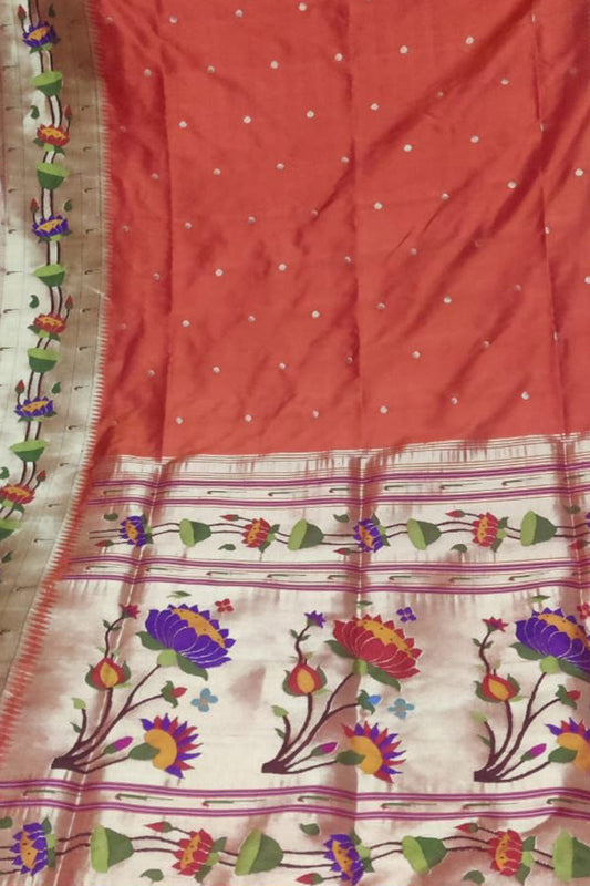 Orange Paithani Handloom Silk Saree with Lotus Border - Luxurion World