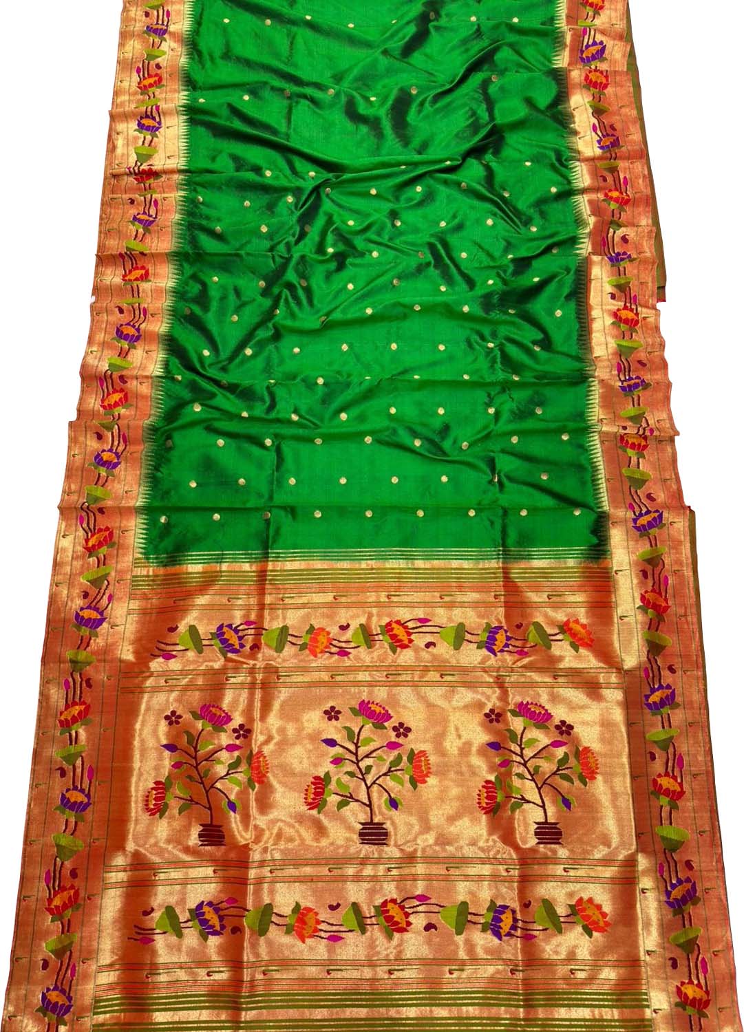 Green Paithani Handloom Silk Saree with Lotus Border - Luxurion World