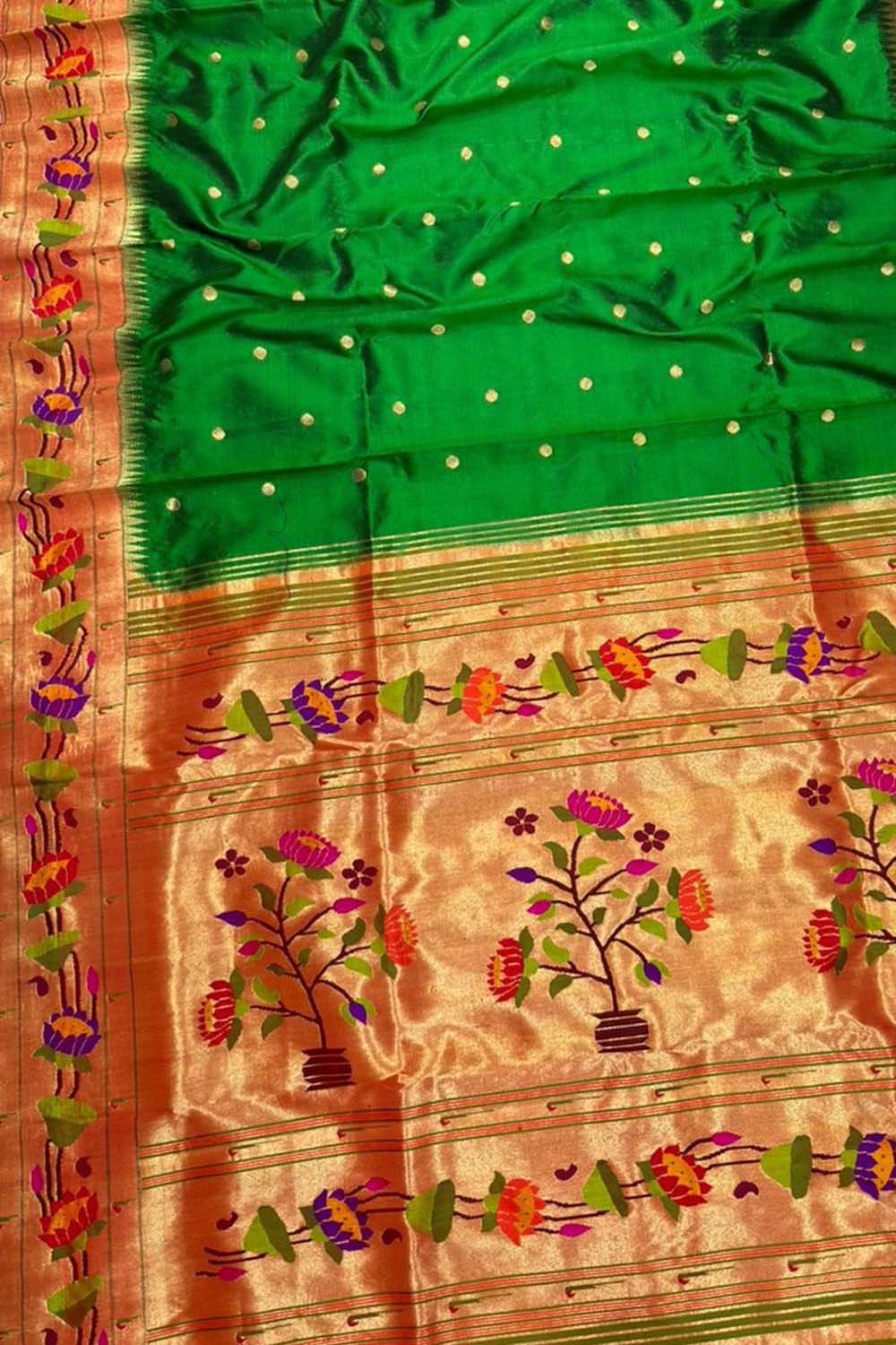 Green Paithani Handloom Silk Saree with Lotus Border - Luxurion World