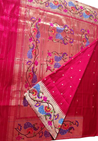 Exquisite Pink Paithani Silk Saree with Lotus Border - Luxurion World