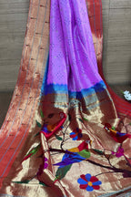 Elegant Pinkish Purple Paithani Pure Silk Triple Muniya Border With Hand Bandhej Saree - Luxurion World