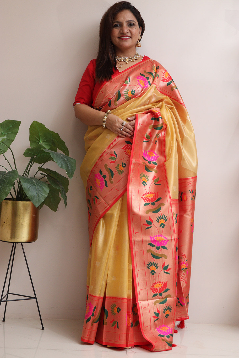 Elegant Yellow Kora Silk Paithani Border Flower Design Saree - Luxurion World