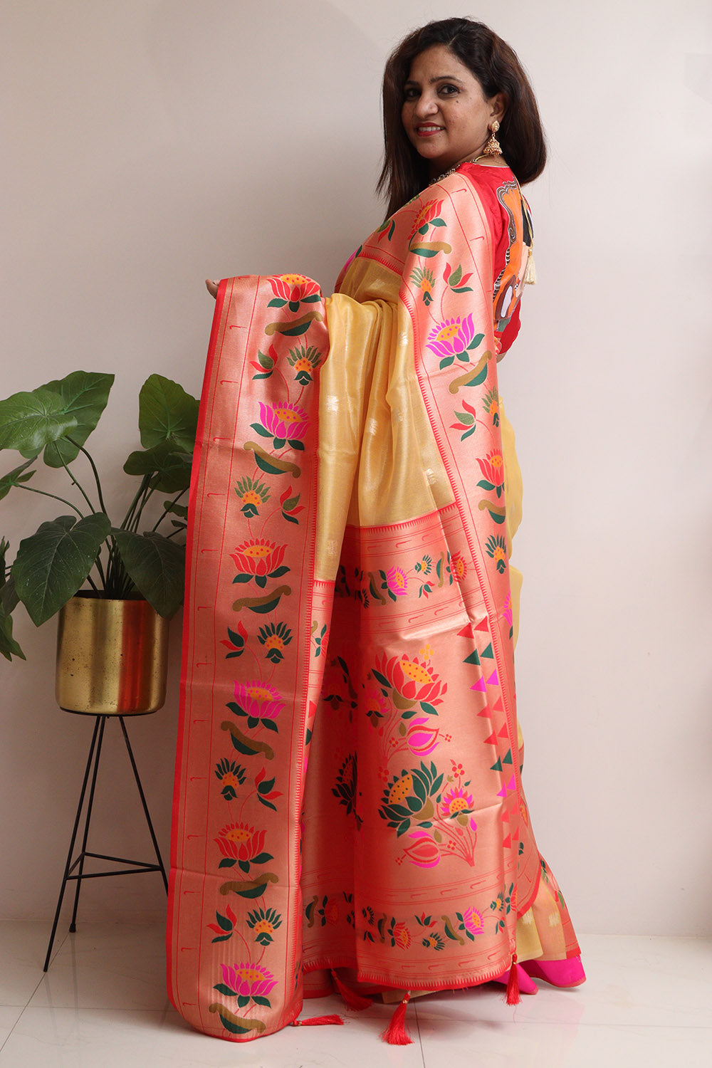Elegant Yellow Kora Silk Paithani Border Flower Design Saree - Luxurion World