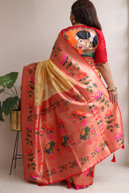Elegant Yellow Kora Silk Paithani Border Flower Design Saree - Luxurion World