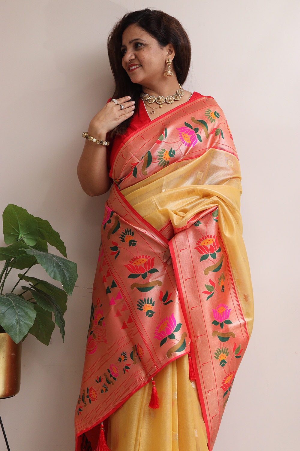 Elegant Yellow Kora Silk Paithani Border Flower Design Saree - Luxurion World