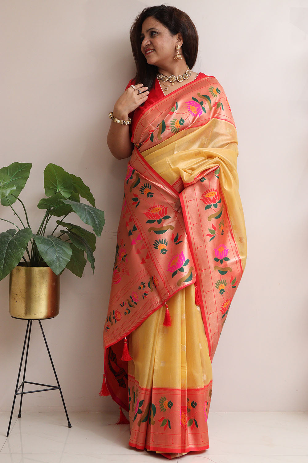 Elegant Yellow Kora Silk Paithani Border Flower Design Saree - Luxurion World