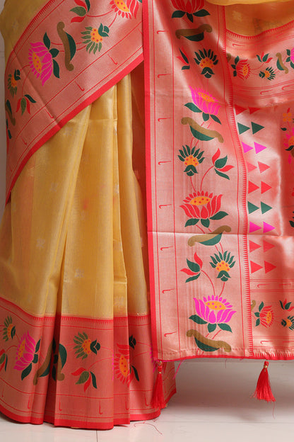 Elegant Yellow Kora Silk Paithani Border Flower Design Saree - Luxurion World