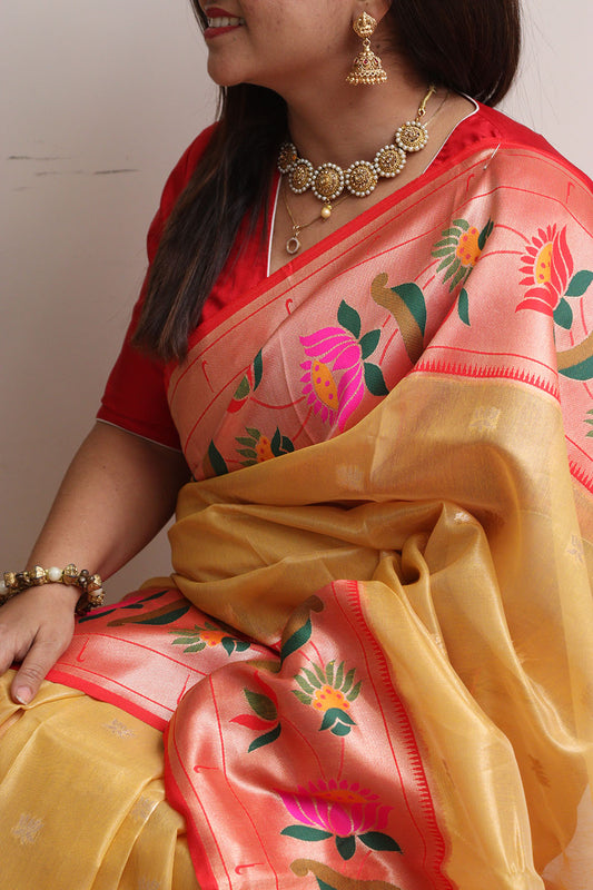 Elegant Yellow Kora Silk Paithani Border Flower Design Saree - Luxurion World