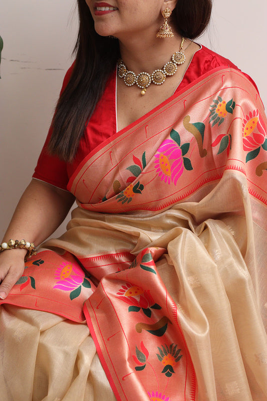 Elegant Pastel Kora Silk Paithani Border Flower Design Saree - Luxurion World