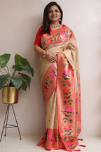 Elegant Pastel Kora Silk Paithani Border Flower Design Saree - Luxurion World