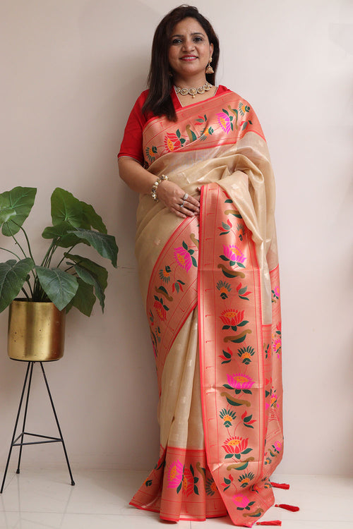 Elegant Pastel Kora Silk Paithani Border Flower Design Saree - Luxurion World