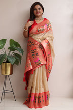 Elegant Pastel Kora Silk Paithani Border Flower Design Saree - Luxurion World