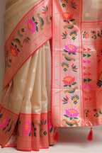 Elegant Pastel Kora Silk Paithani Border Flower Design Saree - Luxurion World