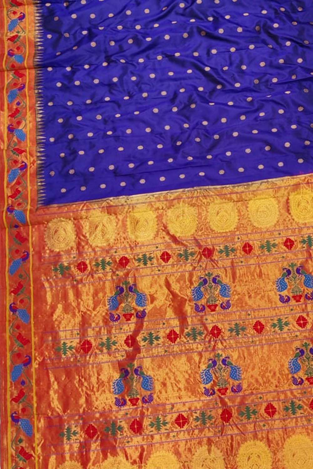 Blue Handloom Paithani Pure Silk Peacock Design Booti Design Saree - Luxurion World
