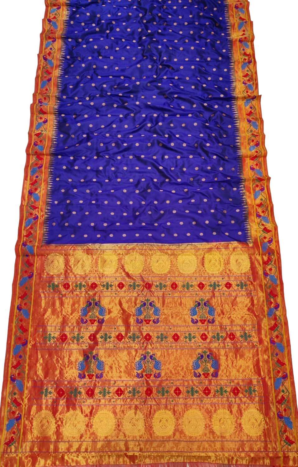Blue Handloom Paithani Pure Silk Peacock Design Booti Design Saree - Luxurion World