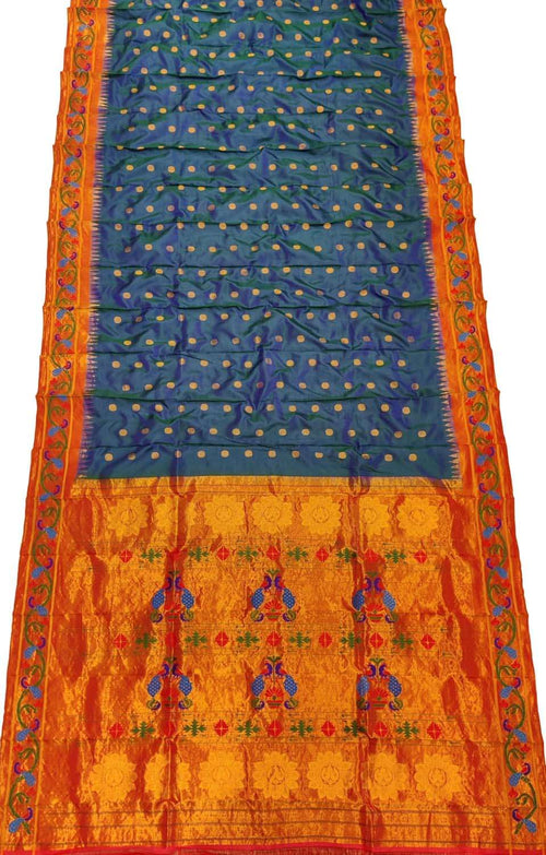 Blue Handloom Paithani Pure Silk Peacock Design Booti Design Saree - Luxurion World