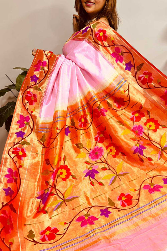IS1P1PR526042401 Pink Paithani Handloom Flower Design Pure Silk Saree - Luxurion World