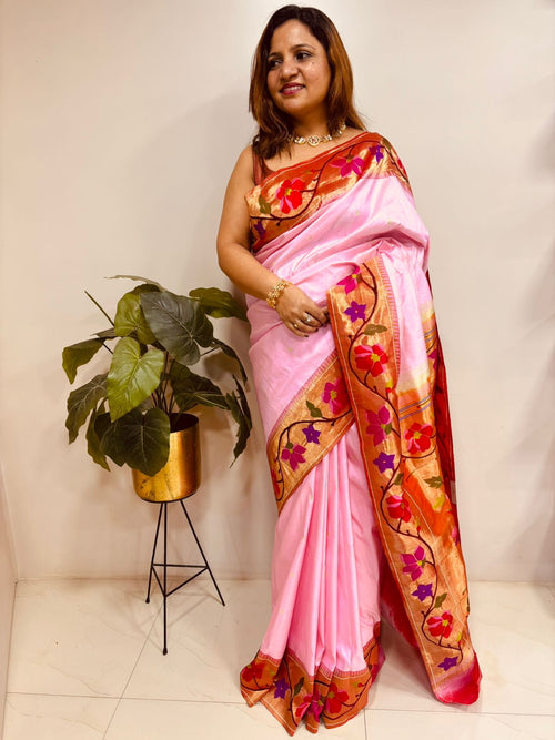 IS1P1PR526042401 Pink Paithani Handloom Flower Design Pure Silk Saree - Luxurion World