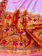 IS1P1PR526042401 Pink Paithani Handloom Flower Design Pure Silk Saree - Luxurion World