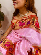 IS1P1PR526042401 Pink Paithani Handloom Flower Design Pure Silk Saree - Luxurion World