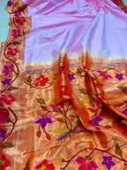 IS1P1PR526042401 Pink Paithani Handloom Flower Design Pure Silk Saree - Luxurion World
