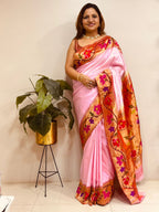 IS1P1PR526042401 Pink Paithani Handloom Flower Design Pure Silk Saree - Luxurion World
