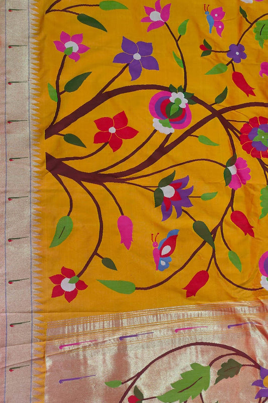 Yellow Handloom Paithani Pure Silk Peshwari Saree