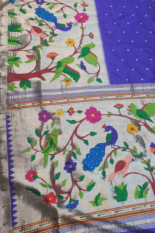 Blue Handloom Paithani Pure Silk Half Brocade Border Saree