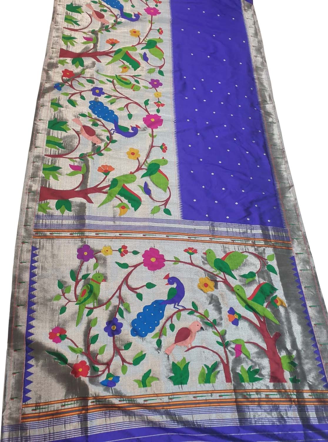 Blue Handloom Paithani Pure Silk Half Brocade Border Saree - Luxurion World
