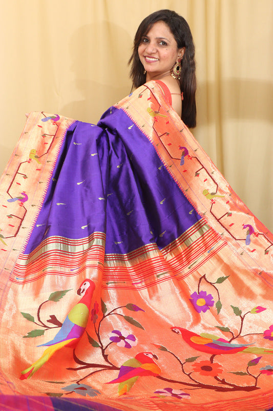 Blue Paithani Handloom Pure Silk Peacock & Parrot Design Saree - Luxurion World