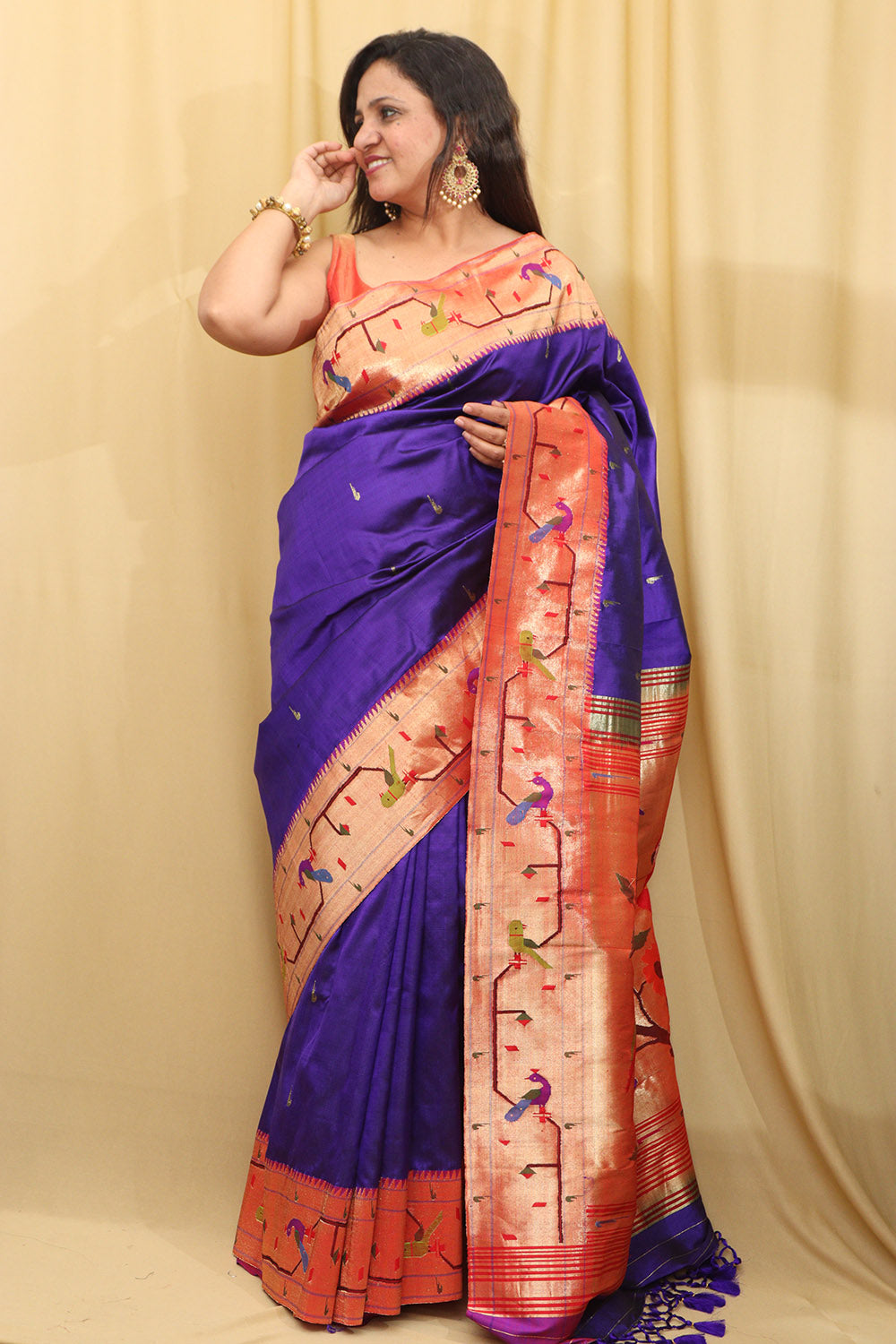 Blue Paithani Handloom Pure Silk Peacock & Parrot Design Saree - Luxurion World