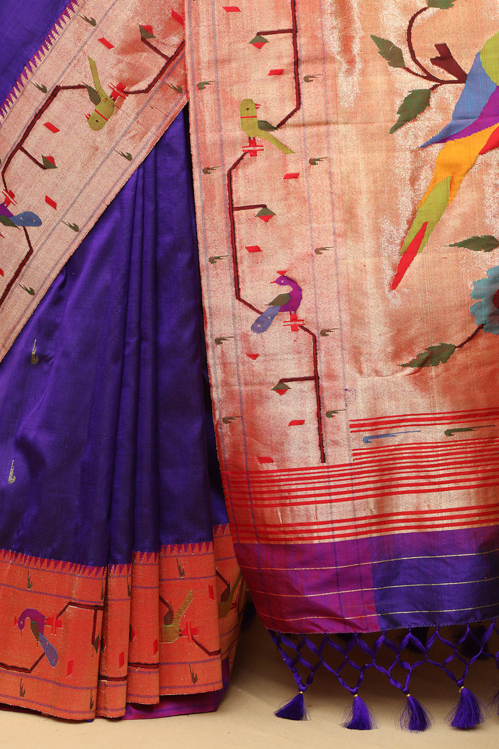 Blue Paithani Handloom Pure Silk Peacock & Parrot Design Saree - Luxurion World
