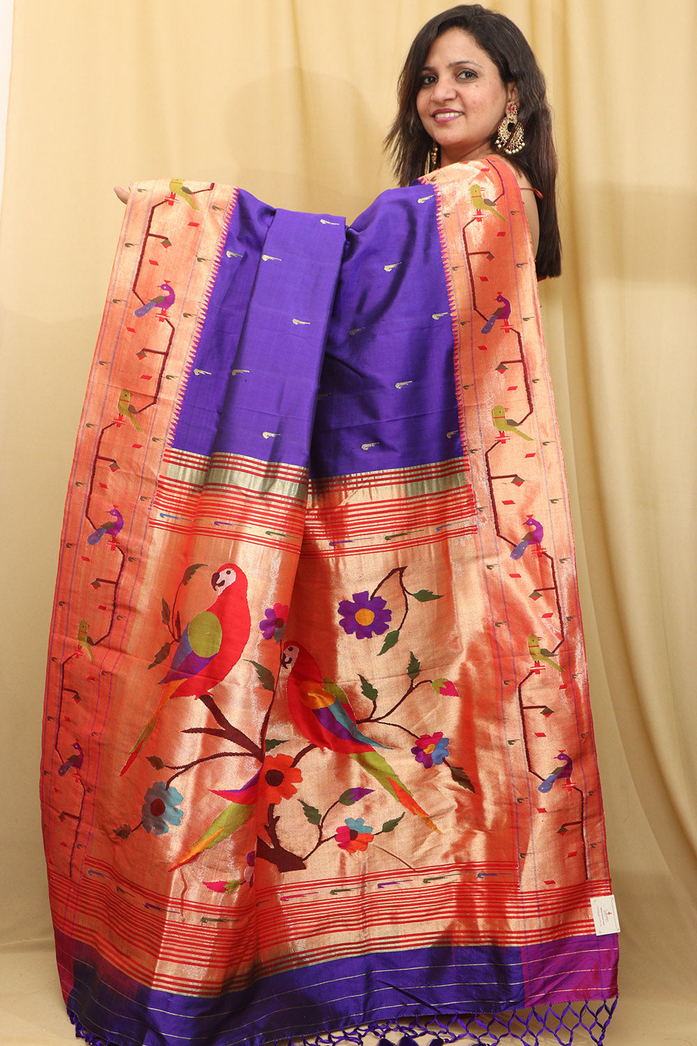 Blue Paithani Handloom Pure Silk Peacock & Parrot Design Saree - Luxurion World