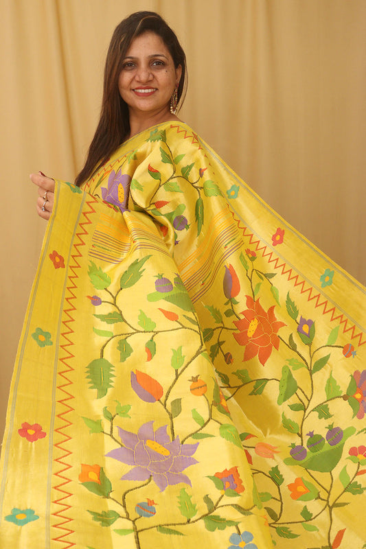 Yellow Handloom Paithani Pure Silk Floral Design Saree - Luxurion World