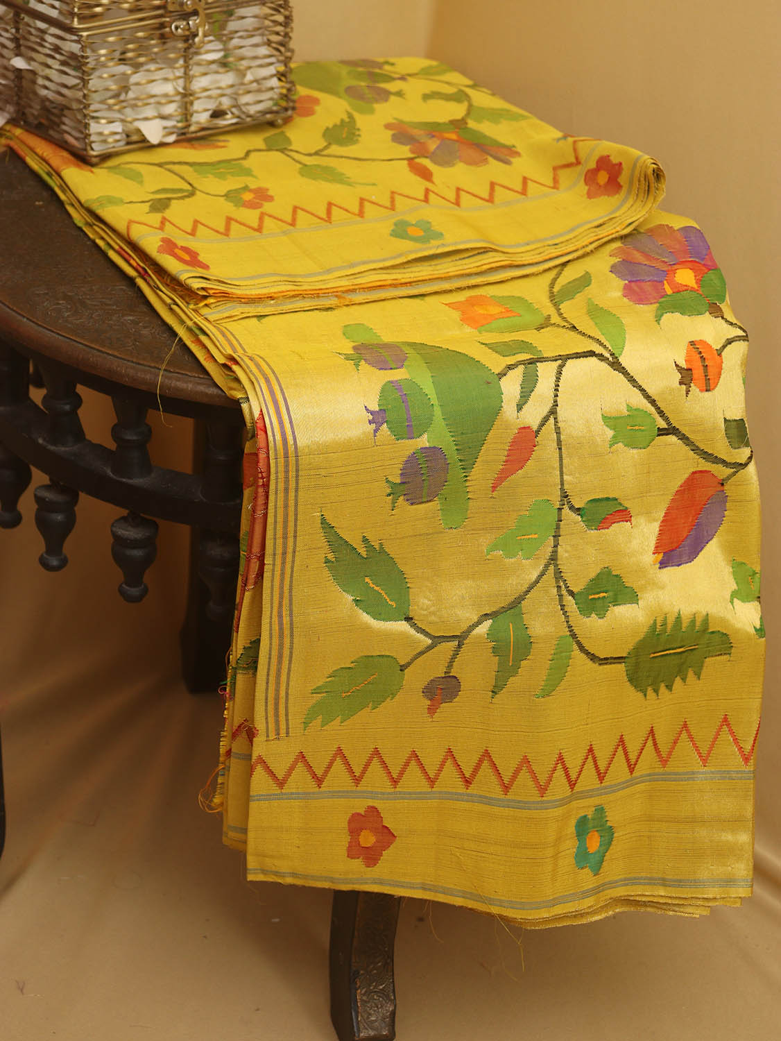 Yellow Handloom Paithani Pure Silk Floral Design Saree - Luxurion World