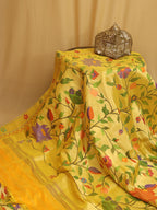 Yellow Handloom Paithani Pure Silk Floral Design Saree - Luxurion World