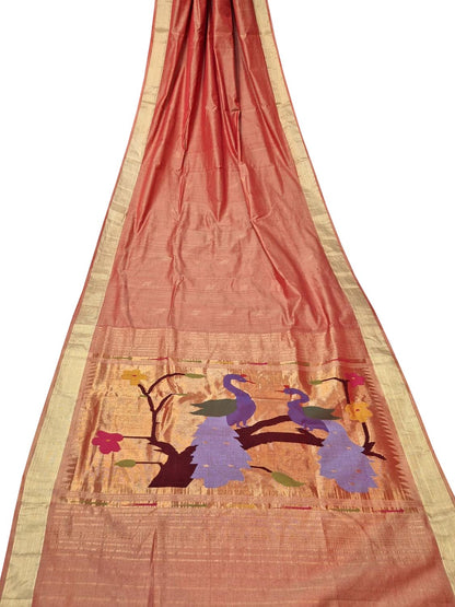 Peach Pink Paithani Handloom Cotton Saree - Elegant and Traditional - Luxurion World