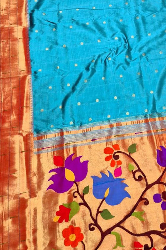 Elegant Blue Pure Silk Paithani Handloom Triple Muniya Border Flower Design Saree - Luxurion World