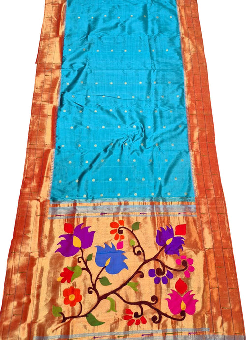 Elegant Blue Pure Silk Paithani Handloom Triple Muniya Border Flower Design Saree - Luxurion World