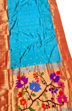 Elegant Blue Pure Silk Paithani Handloom Triple Muniya Border Flower Design Saree - Luxurion World