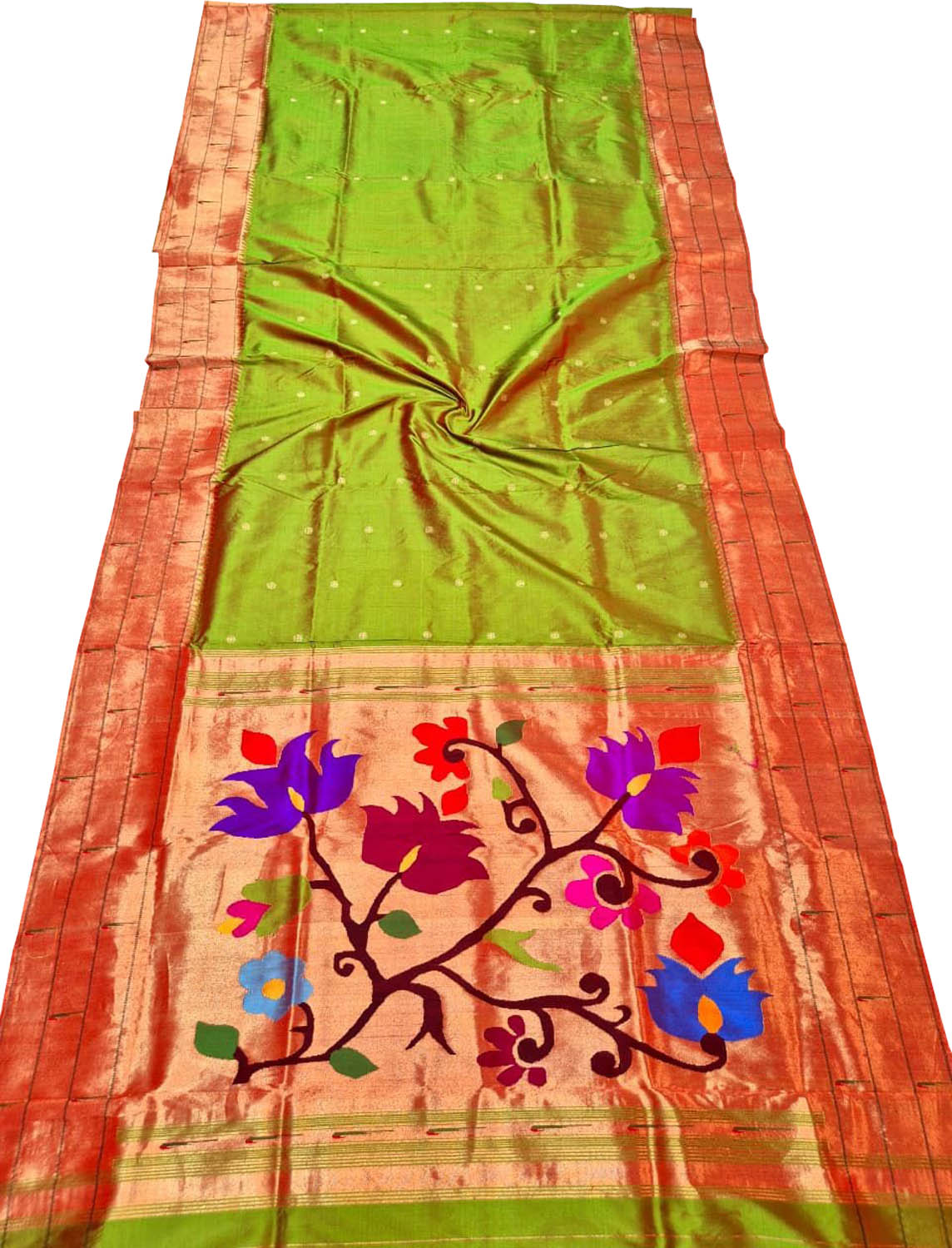 Green Pure Silk Paithani Handloom Triple Muniya Border Flower Design Saree - Luxurion World