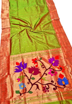 Green Pure Silk Paithani Handloom Triple Muniya Border Flower Design Saree - Luxurion World